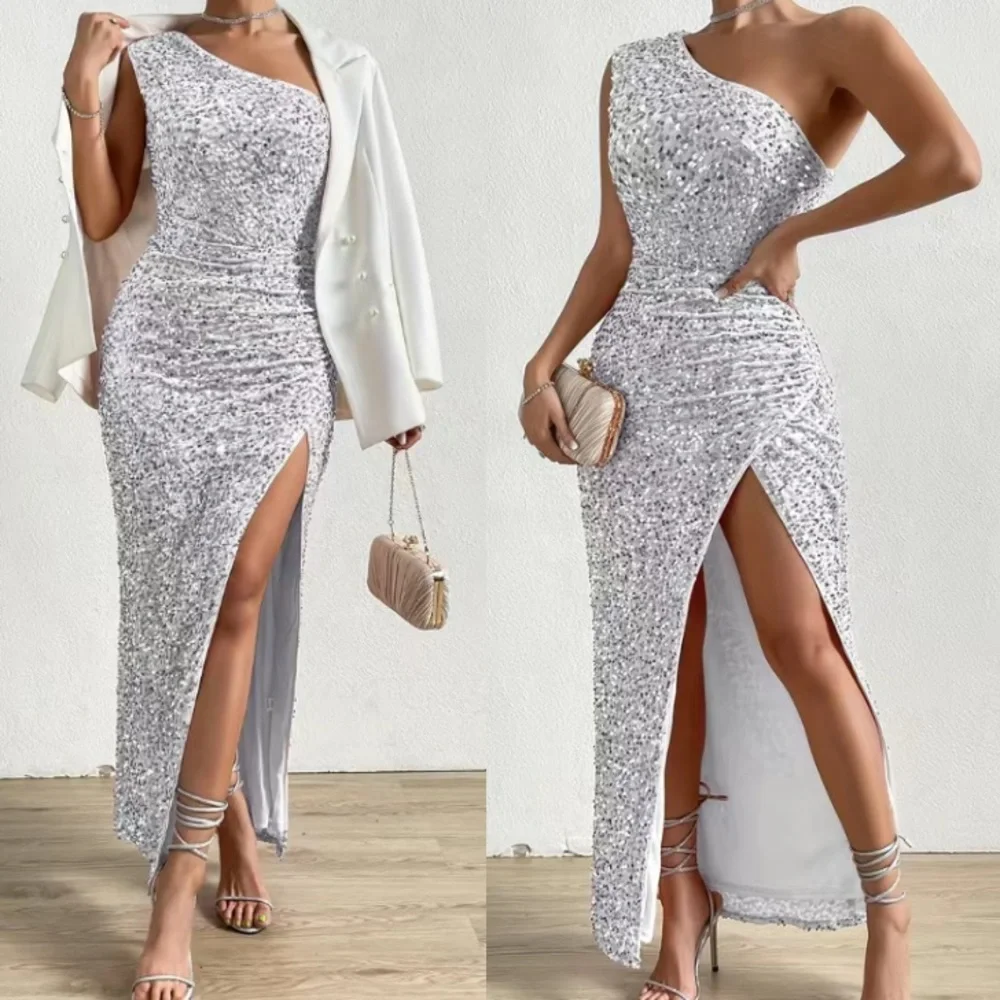 Luxe blue one shoulder slit thigh party formal evening sequins dress - Picture 5 of 16